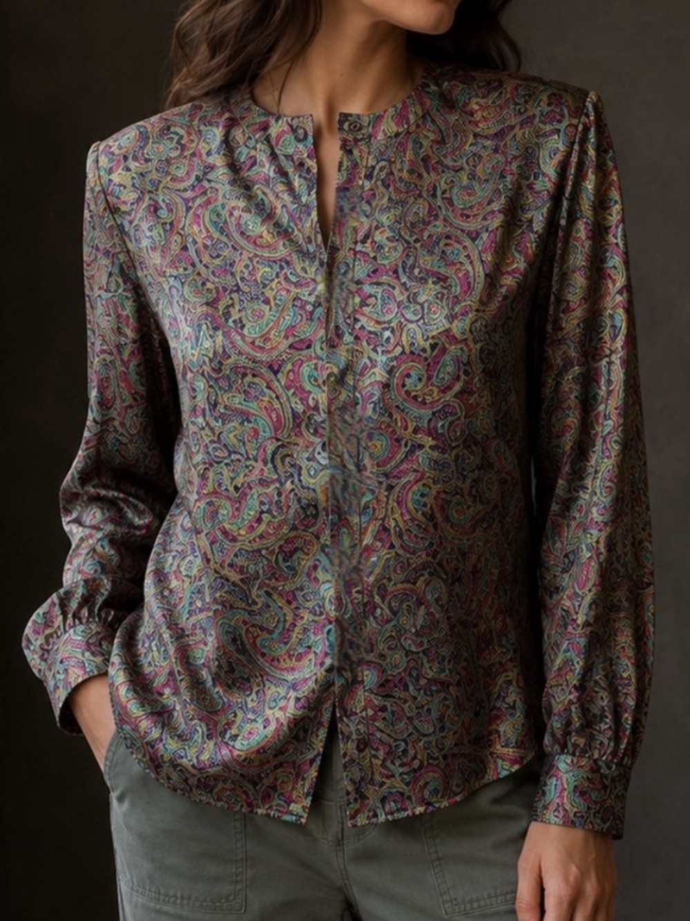 Vintage Notations Wild Purple Multicolor Long Sleeve Button Down Paisley Blouse
